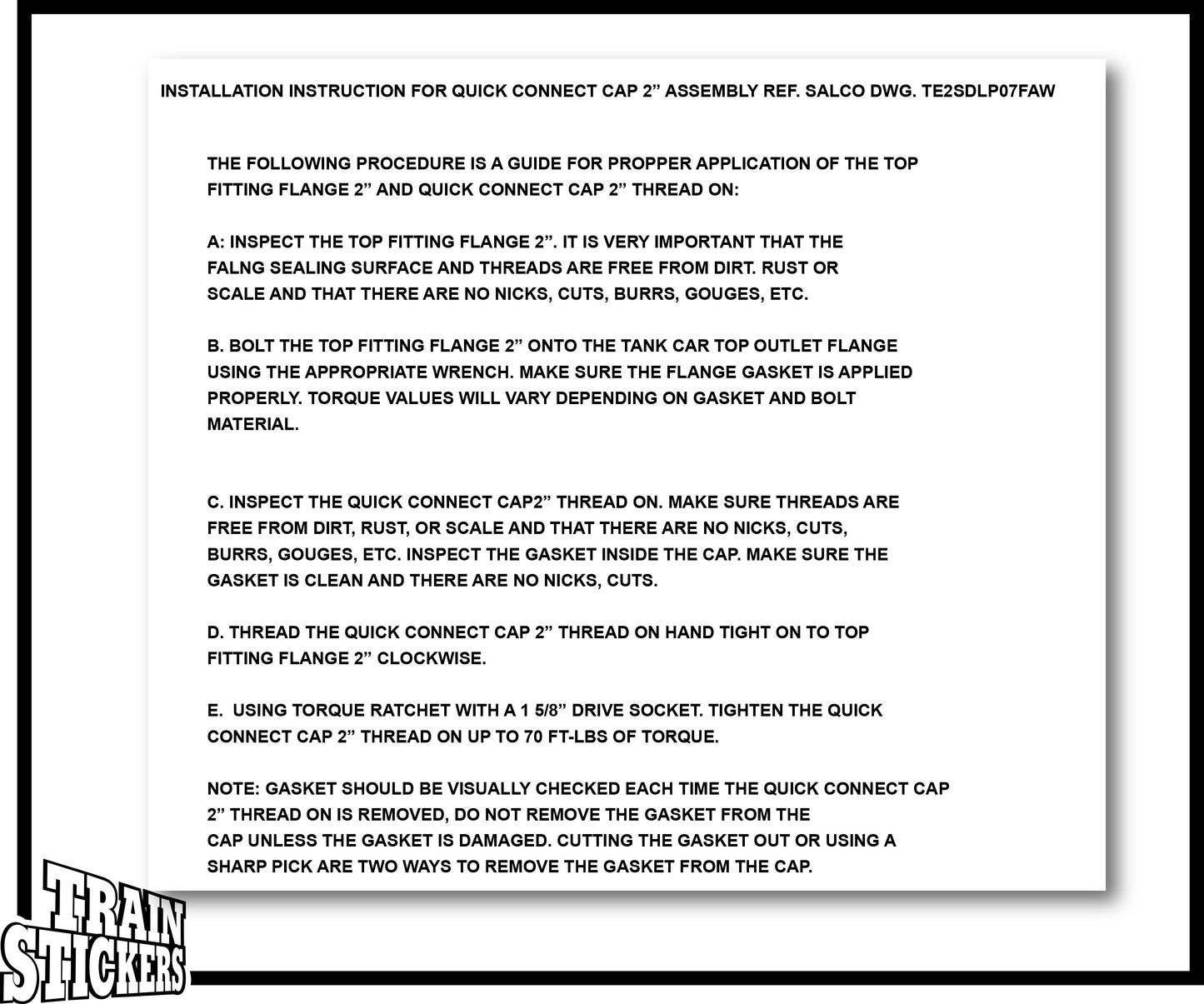 Installation Instructions for Quick Connect Cap 2" Assembly Decal Decal Sticker For Trains